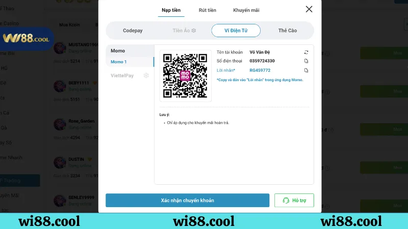 Hướng dẫn nạp tiền Wi88 từ ví điện tử