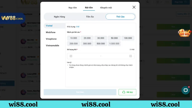 Hướng dẫn rút tiền Wi88 bằng thẻ cào