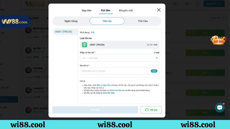 Hướng dẫn rút tiền Wi88 bằng ví tiền ảo